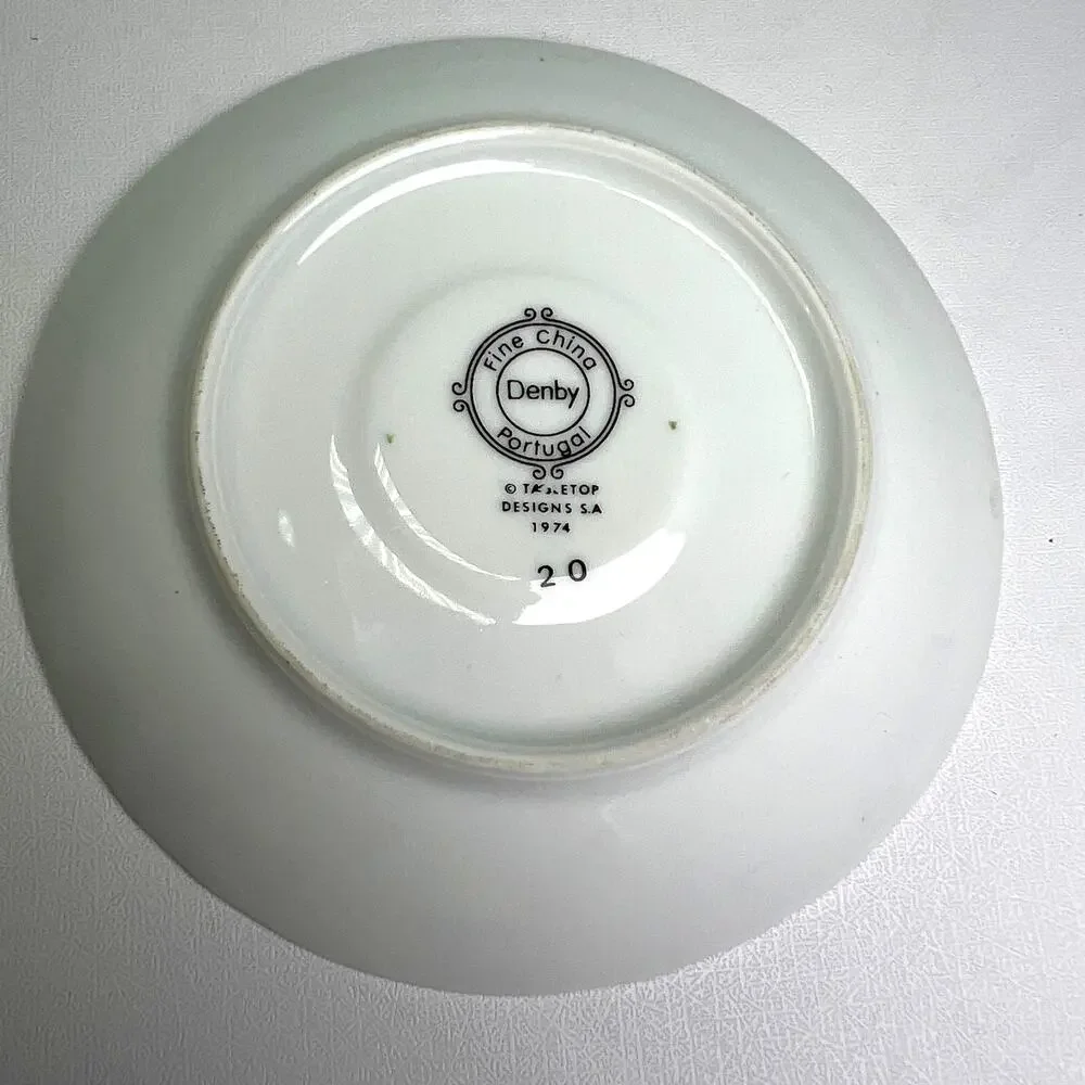 Denby-Langley Your Majesty Flat Demitasse Porcelain Cup Saucer Set Trumpet Vine